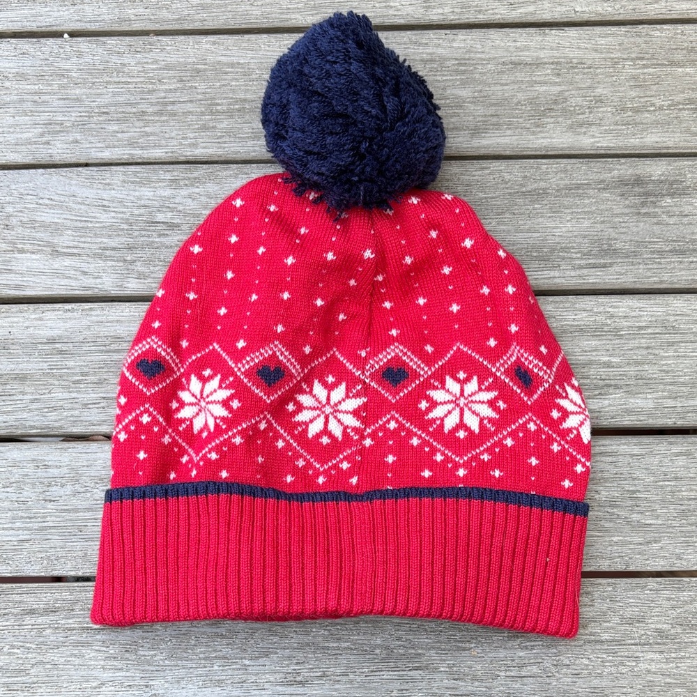 Draper James: Red and Navy Pom-Pom Winter Fair Isle Beanie